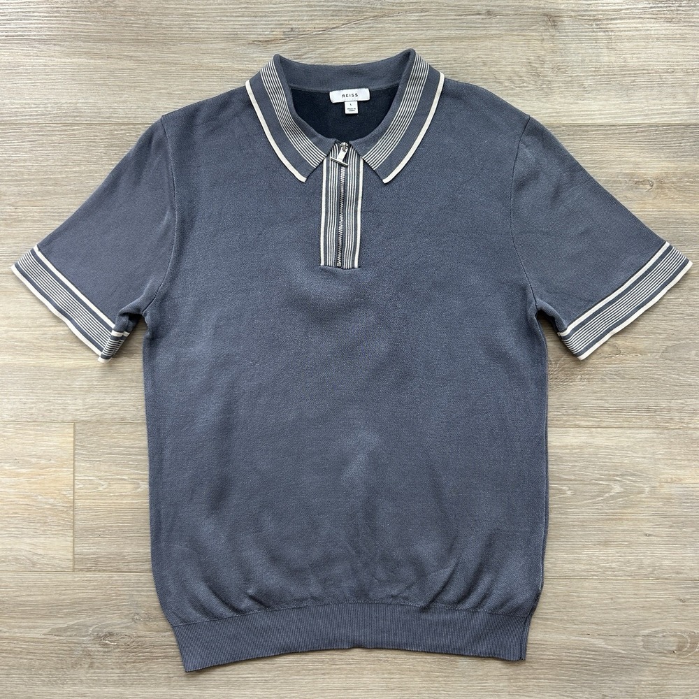 Reiss Polo Shirt Mens Large Blue Knit Short Sleeve Tipped Collar Trim Casual